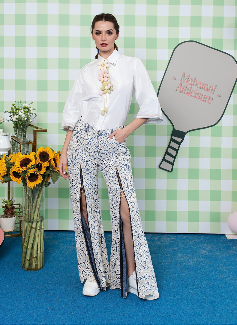 WHITE SHIRT WITH FLORAL DETAILING PAIRED WITH CUTWORK CROCHET PANTS